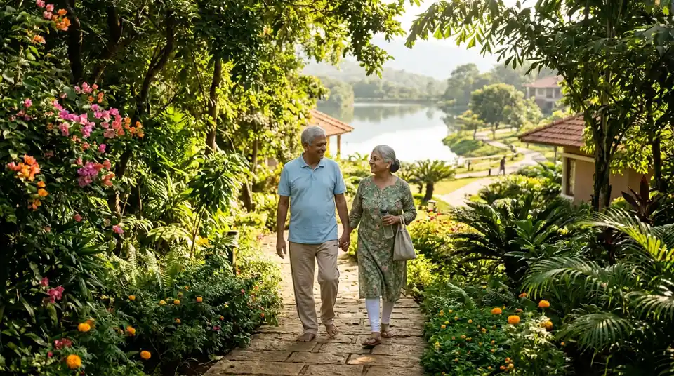 Active senior Indian couple taking a peaceful morning walk along a lush shaded tree path and lake promenade in a green eco-friendly retirement community