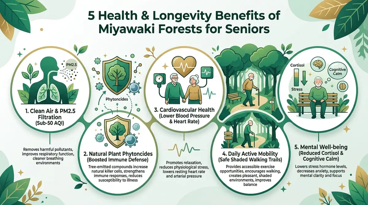 5 Key Health and Longevity Benefits of Miyawaki Forests and Green Eco-Campuses for Senior Citizens in India including clean air filtration, plant phytoncides, cardiovascular calm, safe shaded walking loops and biophilic mental health