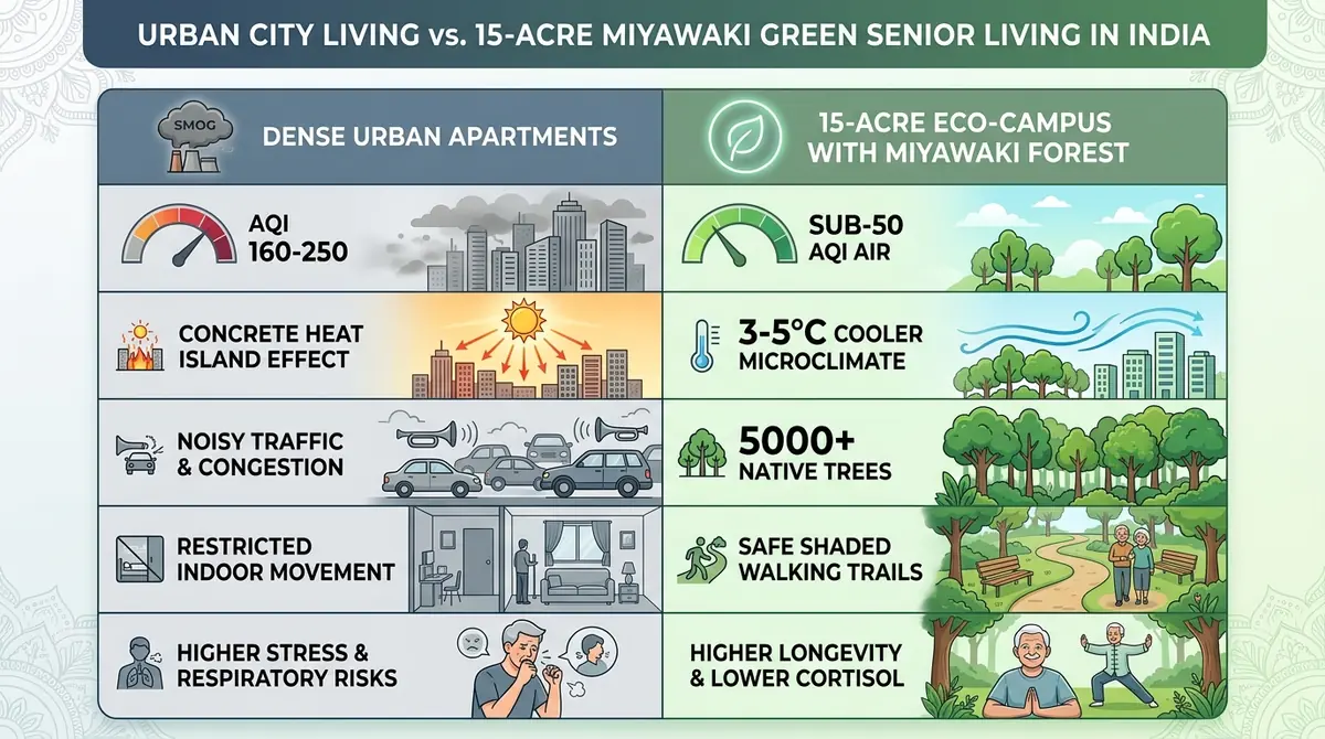 Side-by-side comparison chart between Dense Urban Apartment Living and 15-Acre Miyawaki Green Senior Living in India highlighting AQI levels, microclimate temperature, daily walking mobility, and mental wellness