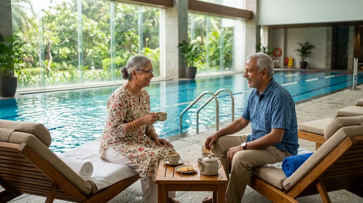 Active senior Indian couple relaxing on poolside loungers and enjoying morning tea near the indoor heated swimming pool at Uma Club wellness centre
