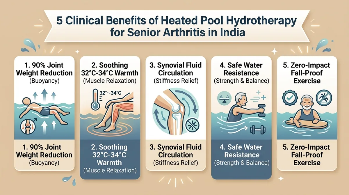 5 Clinical Benefits of Heated Pool Hydrotherapy for Senior Arthritis in India including 90 percent joint weight reduction, 32 to 34 degree warmth, synovial fluid circulation, water resistance, and zero impact fall proof exercise