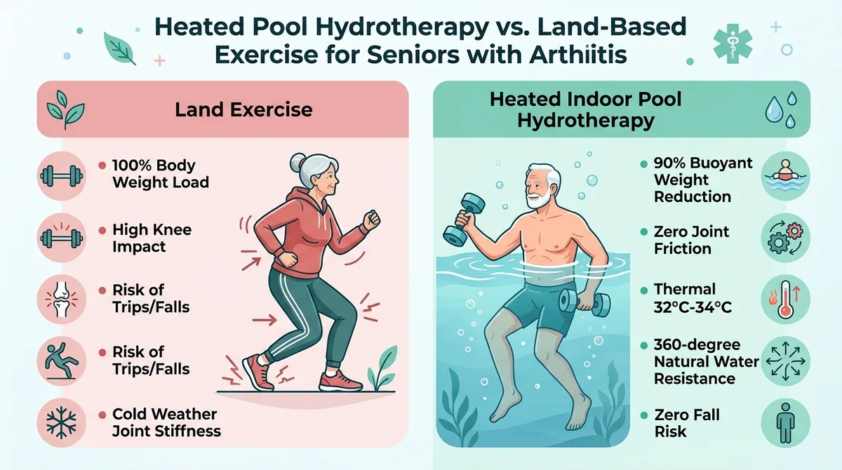 Heated Pool Hydrotherapy vs Land-Based Exercise for Seniors with Arthritis showing 90 percent buoyant weight reduction, zero joint friction, thermal warmth, and safe resistance compared to high knee impact and fall risks on land