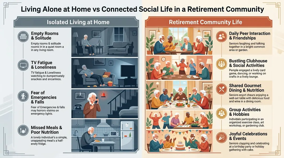 Comparison infographic highlighting the differences between isolated home living and connected social life in an Indian retirement community