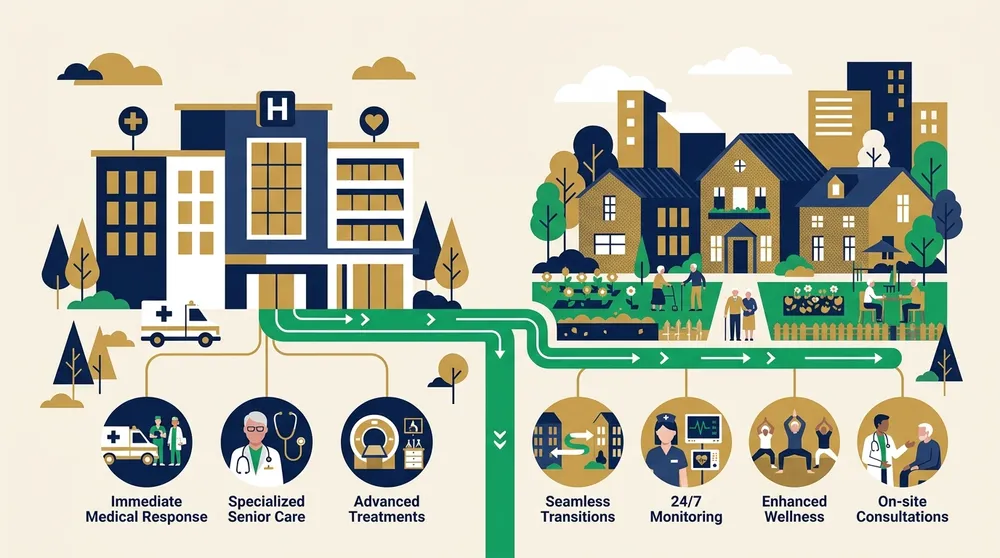 Infographic detailing the benefits of hospital tie-ups for senior living residents including priority admission