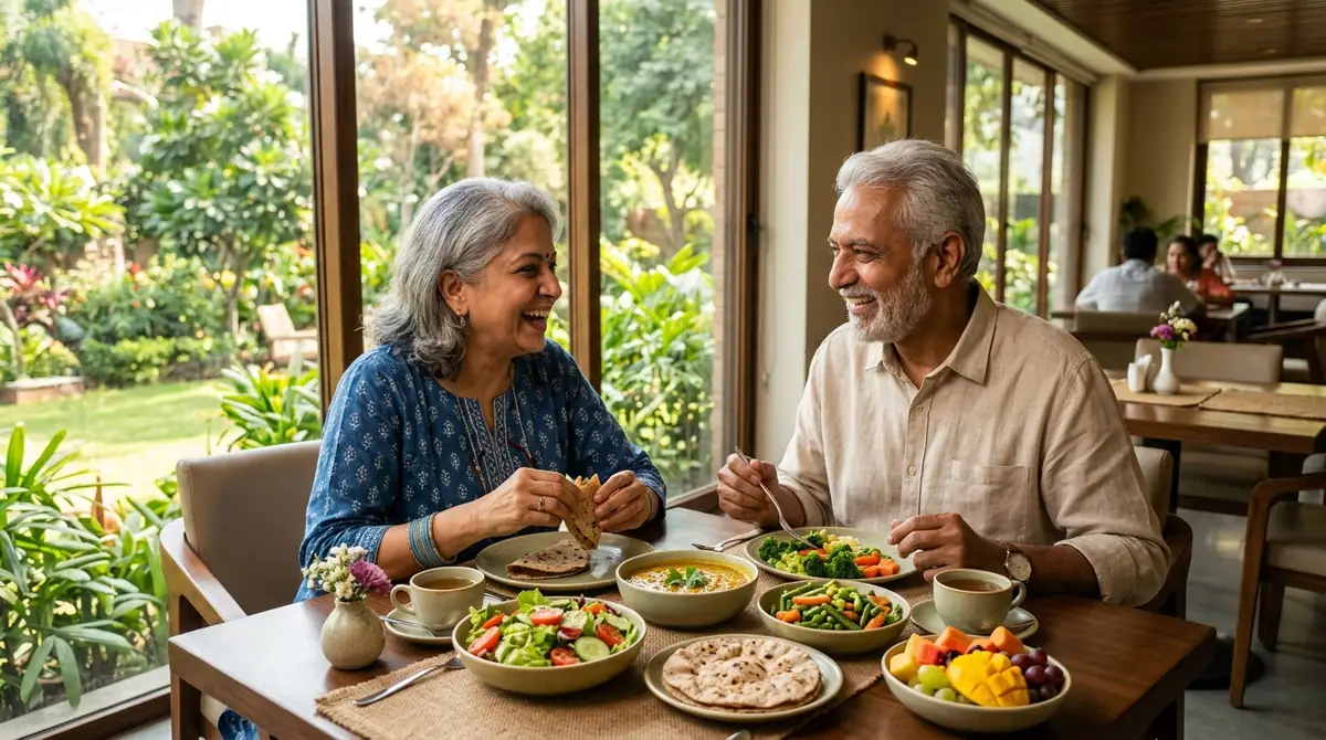 Active senior Indian couple enjoying a fresh, wholesome, nutritious breakfast bowl and herbal tea in a sunlit dining hall overlooking lush gardens