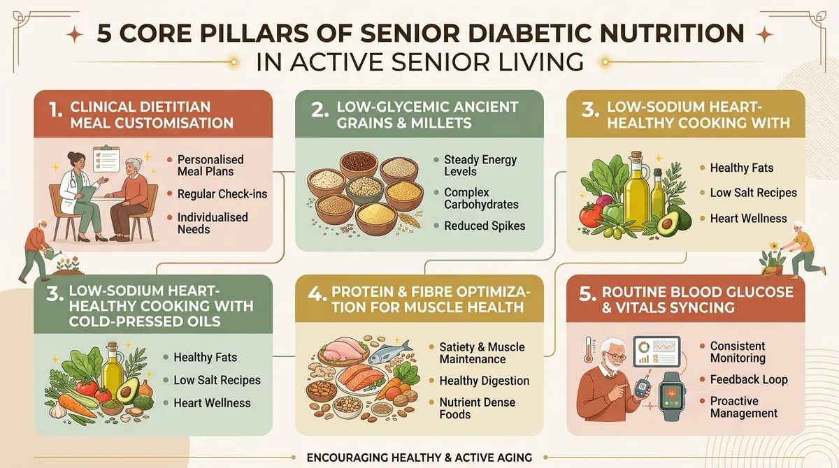 5 Core Pillars of Senior Diabetic Nutrition in Active Senior Living including clinical dietitian meal customisation, low-glycemic ancient grains, low-sodium cooking, protein optimization, and routine vitals tracking