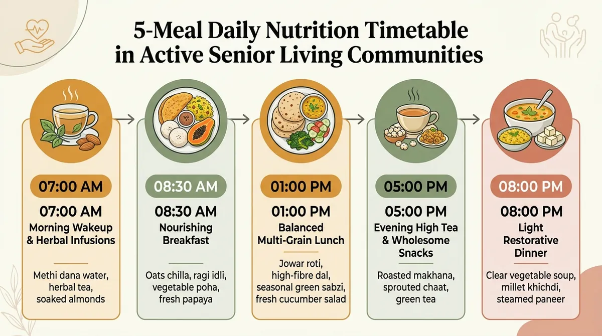 5-Meal Daily Nutrition Timetable in Active Senior Living Communities showing 7:00 AM herbal tea, 8:30 AM nourishing breakfast, 1:00 PM balanced lunch, 5:00 PM evening high tea, and 8:00 PM light restorative dinner