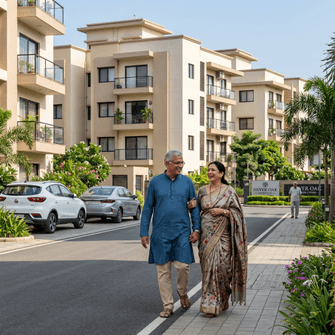 Elderly couple walking in a premium senior living community in India