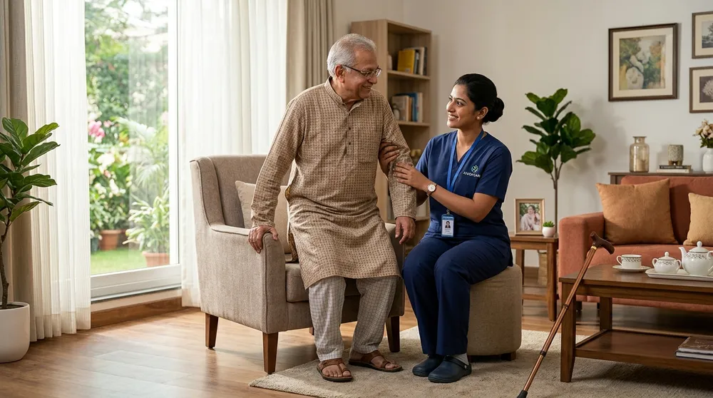 A trained on-site nurse assisting a senior resident in a modern Indian retirement community