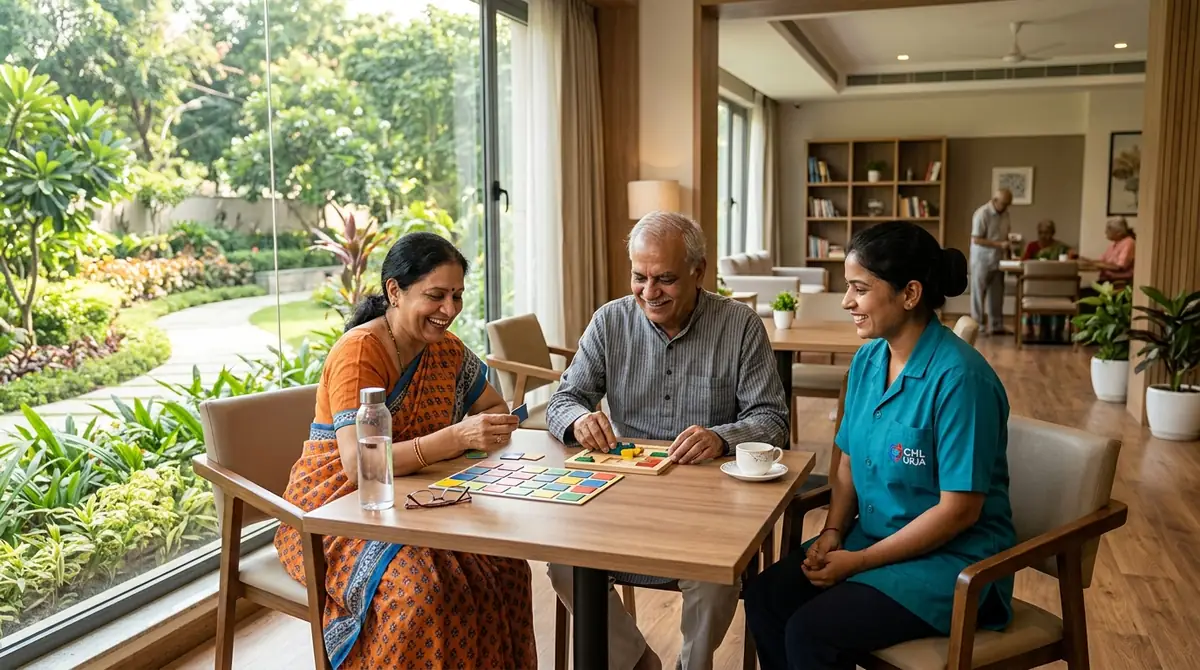 Active Indian senior couple engaged in cognitive wellness puzzles and brain training with a dedicated geriatric care specialist wearing a CHL Urja uniform in a sunlit clubhouse
