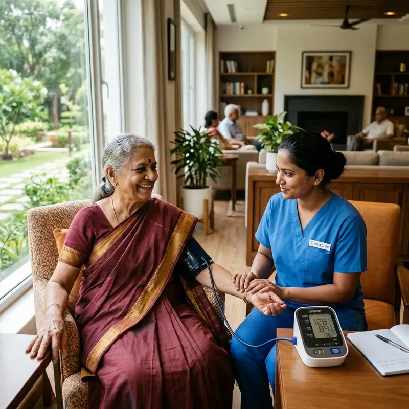 Benefits of managed active senior living for NRI parents including Healthcare, Social Life, Security, and Hassle-free living.