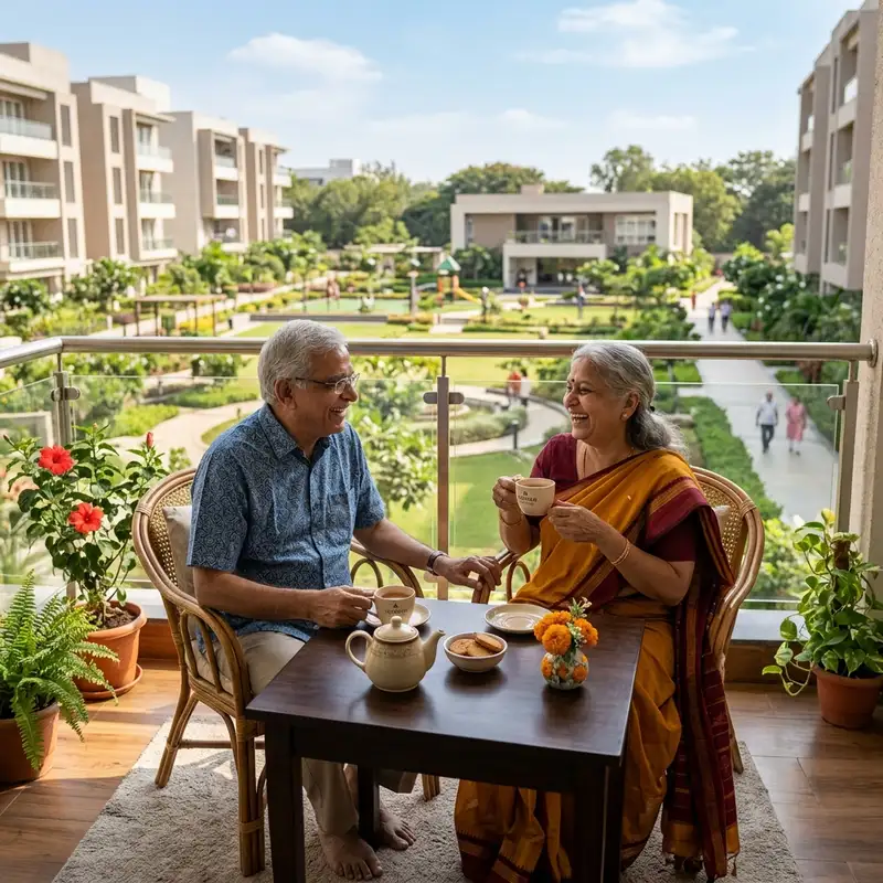 Happy elderly Indian parents enjoying a luxurious active senior living community in India