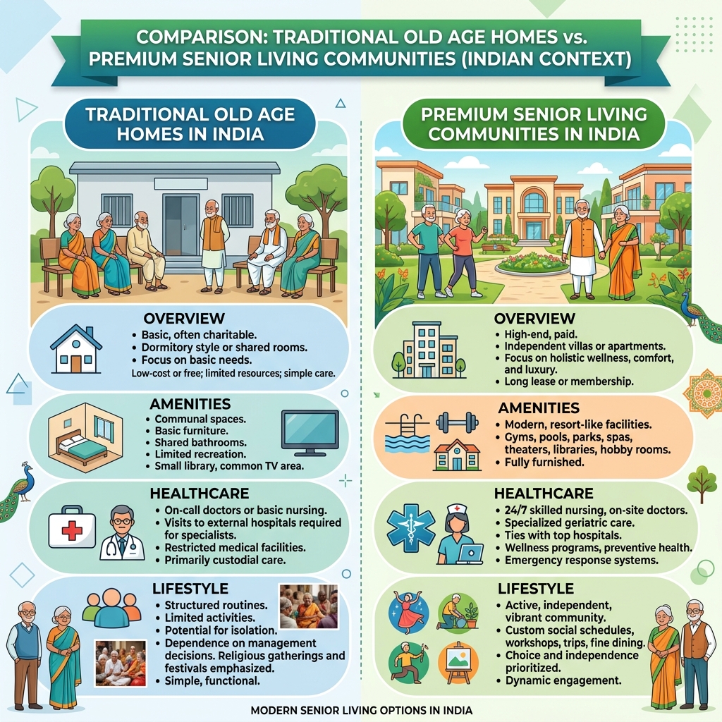 Comparison between traditional old age homes and premium senior living communities in India
