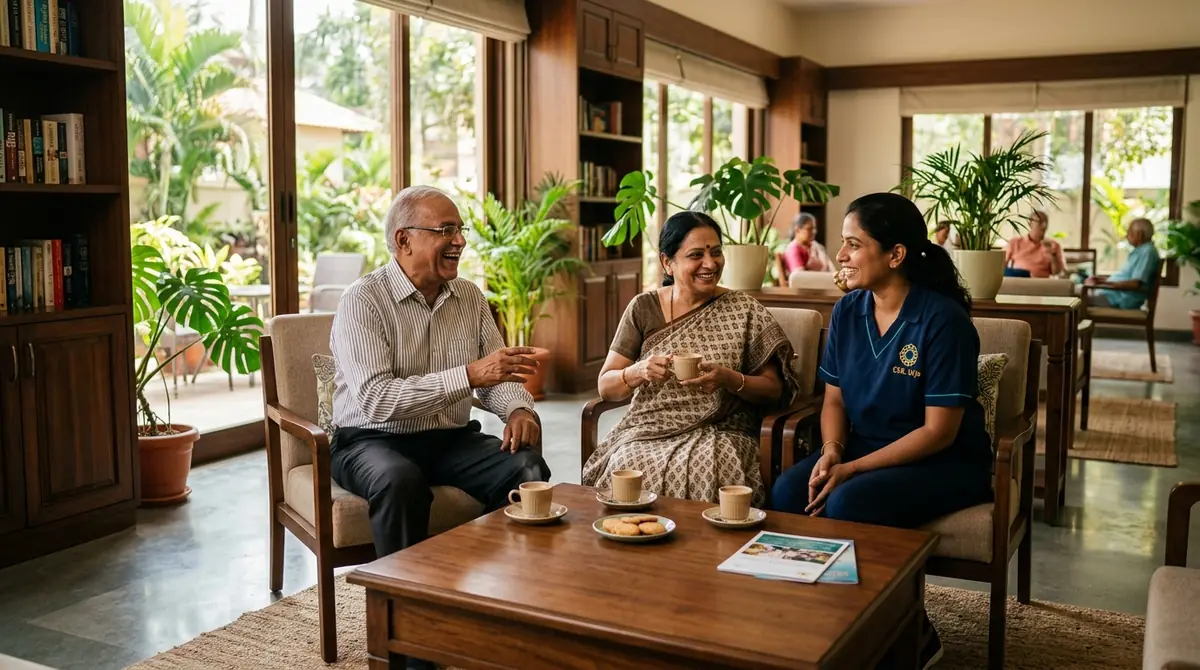Active Indian senior couple enjoying conversation and chai in a sunlit senior living clubhouse with a caring wellness coordinator wearing a CHL Urja branded uniform