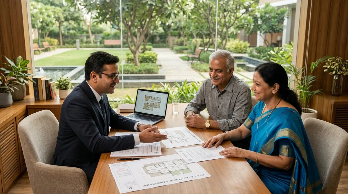 Senior Indian couple reviewing freehold property registry deeds and RERA documents with legal advisor in a modern clubhouse