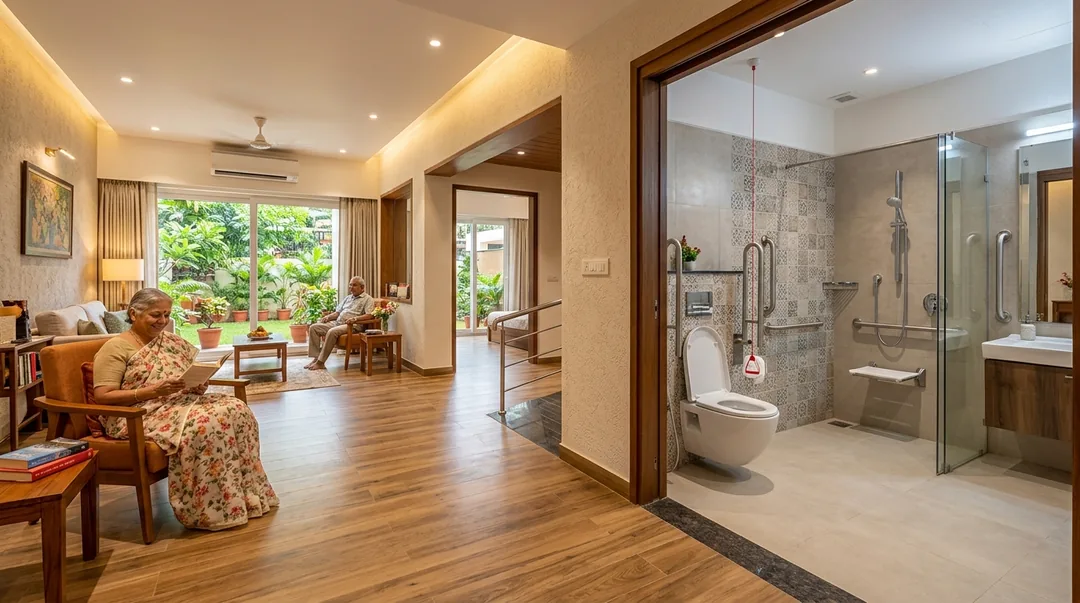 A senior-friendly living room and bathroom in an Indian retirement community featuring grab bars, anti-skid flooring and emergency cords