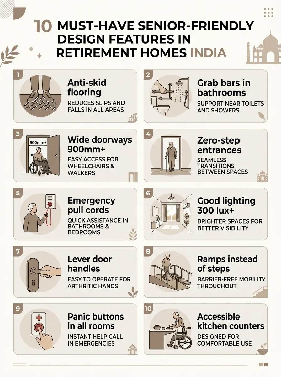 Infographic highlighting 10 essential senior-friendly design features in retirement homes India