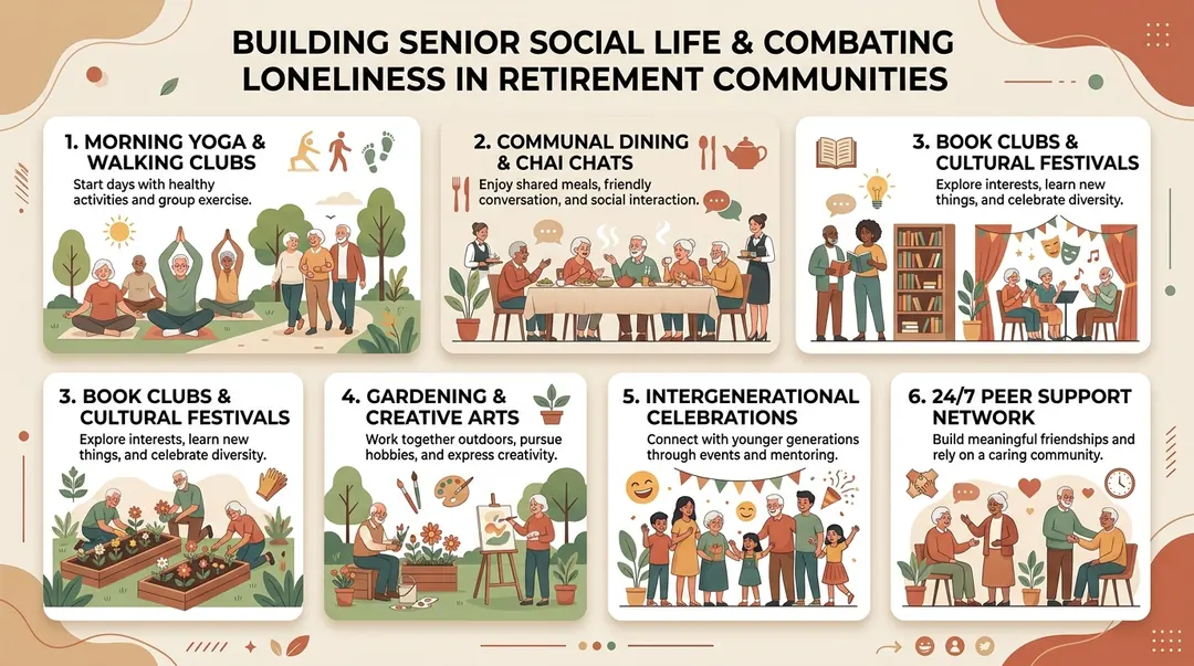 Infographic detailing six key pillars of senior social life in active retirement communities in India
