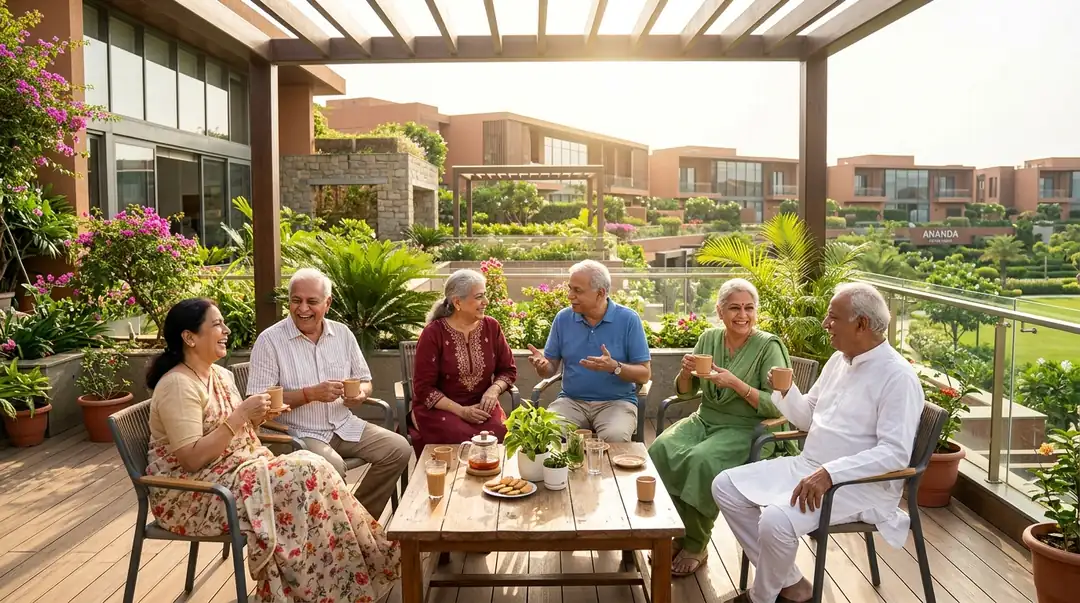 A cheerful group of Indian senior citizens enjoying tea, conversation and social bonding at an active retirement community clubhouse in India