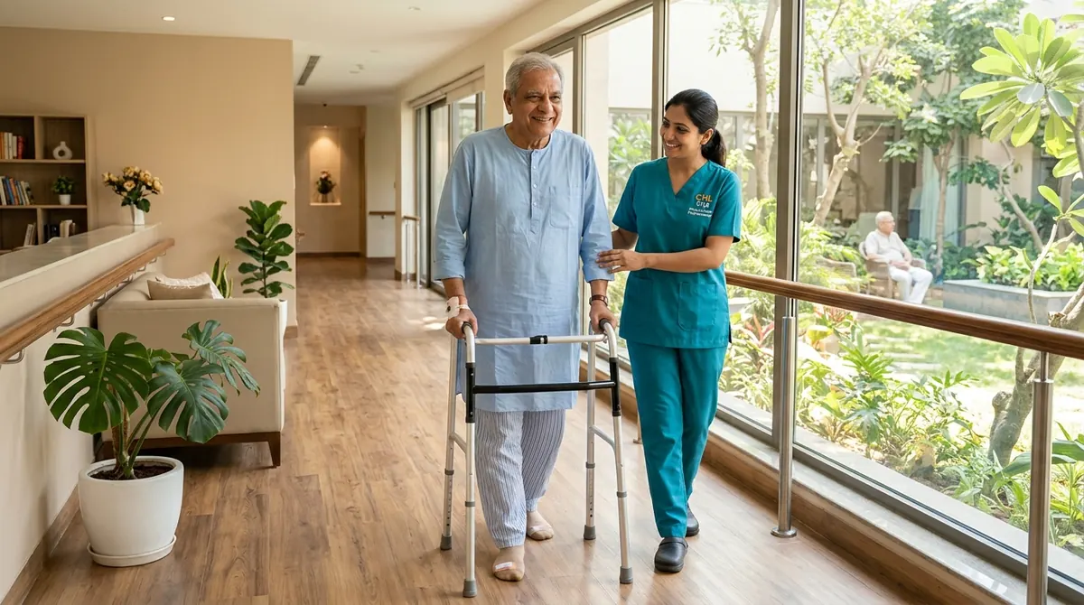 Elderly Indian gentleman recovering post-surgery walking comfortably with a walker alongside a caring physiotherapist wearing a CHL Urja uniform in a bright rehabilitation suite