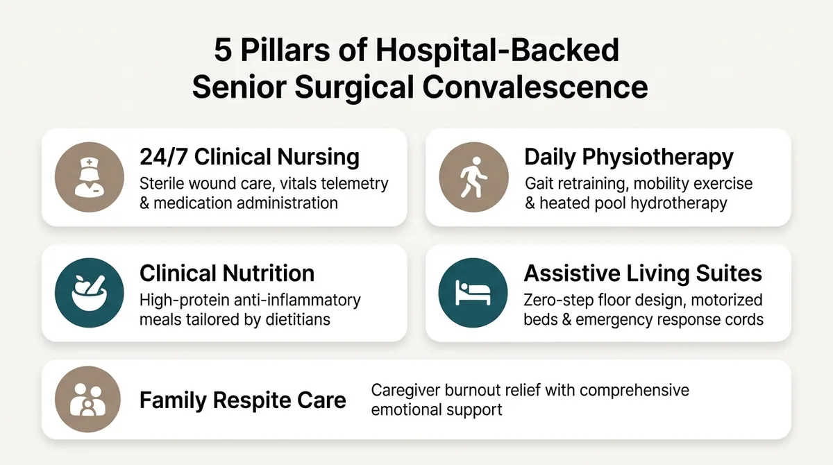 5 Pillars of Hospital-Backed Senior Surgical Convalescence including 24/7 clinical nursing, daily physiotherapy, clinical nutrition, assistive living suites and family respite care