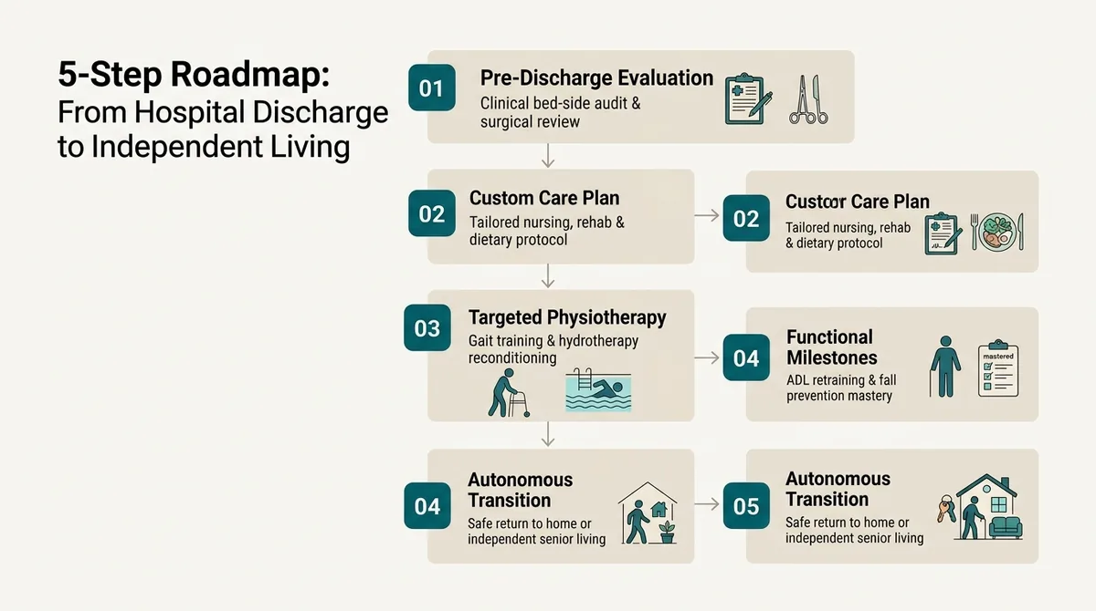 5-Step Roadmap: From Hospital Discharge to Independent Living showing pre-discharge evaluation, custom care plan, targeted physiotherapy, functional milestones and autonomous transition