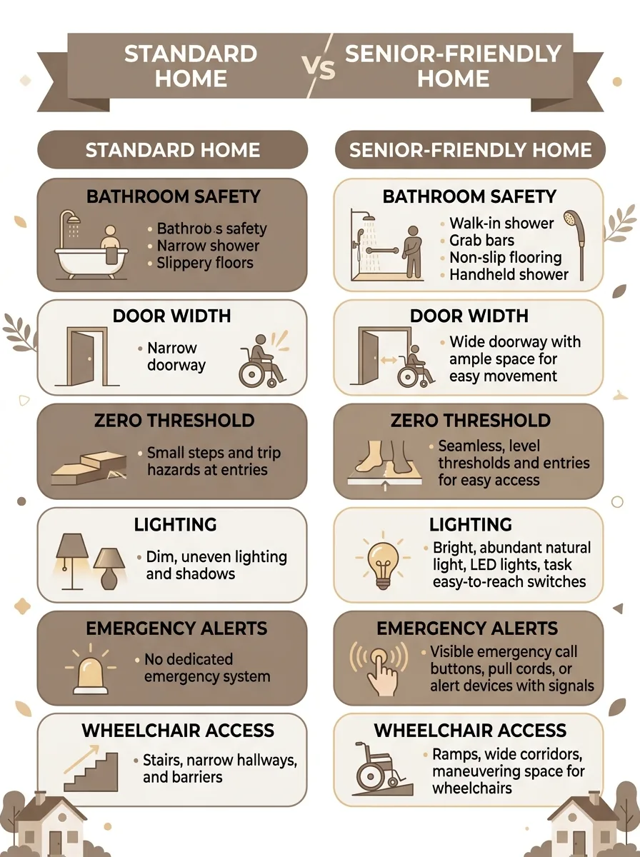Comparison infographic showing standard home versus senior-friendly home features in India